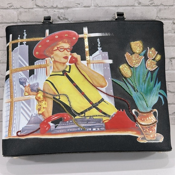 Vintage Inspired “Big City Socialite Lady” Black-Multi Retro Handbag Tote🖤EUC - Picture 2 of 10